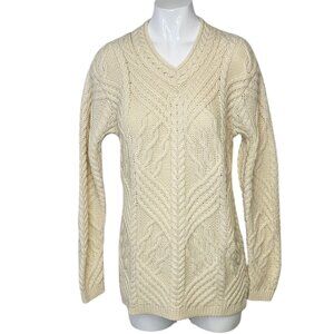 Aran Mor Ireland Womens 100% Merino Wool Cable Knit Sweater, Ivory, Size S